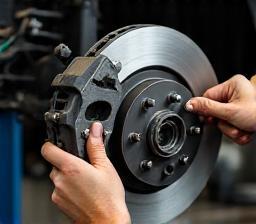Mechanic replacing brake pads on a car