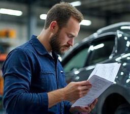 Mechanic checking service manual next to car